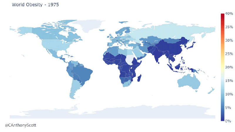 World map showing the increase in obesity from 1975 - 2016
